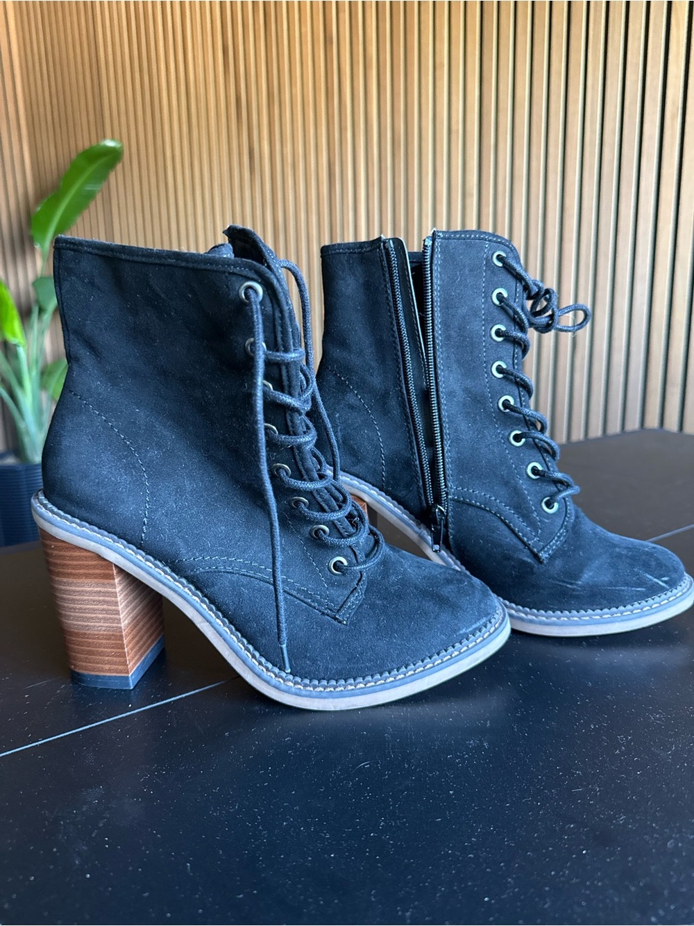Women's Madden Girl Black Suede Lace-Up Ankle Boots with Block Heel